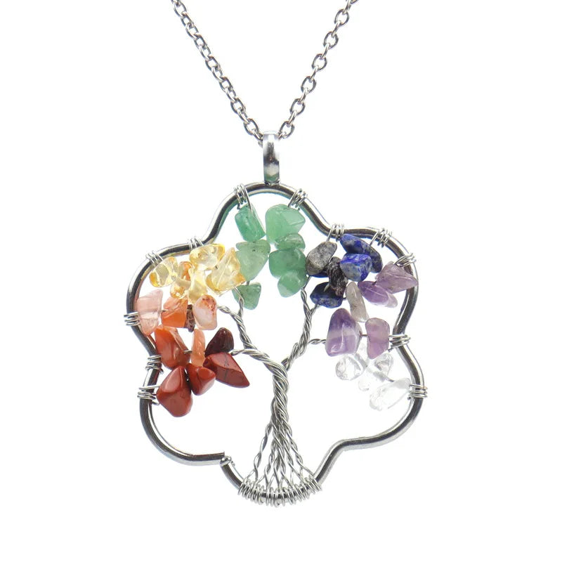 Handcrafted Spirituality Chakra Flower Shaped Tree of Life Necklace Healing Crystal 7 Chakra Necklace