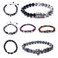 Custom Men Jewelry Stainless Steel Lion Charm Stretch Tiger Eye Black Onyx Gemstone Natural Stone Bead Fleur De Lis Bracelet