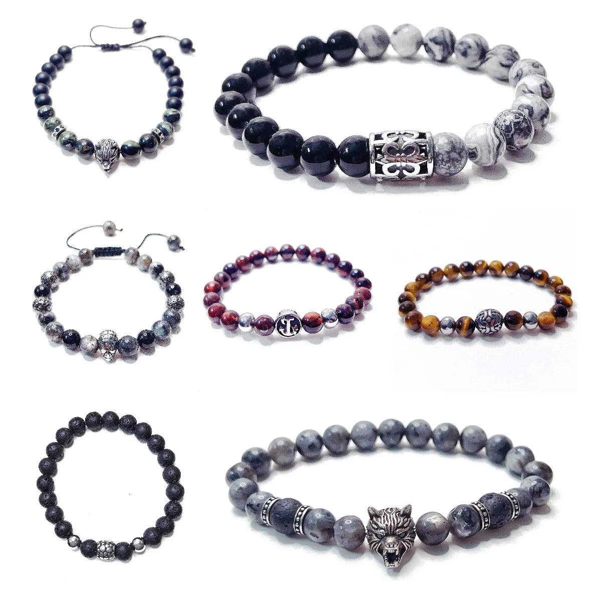 Custom Men Jewelry Stainless Steel Lion Charm Stretch Tiger Eye Black Onyx Gemstone Natural Stone Bead Fleur De Lis Bracelet