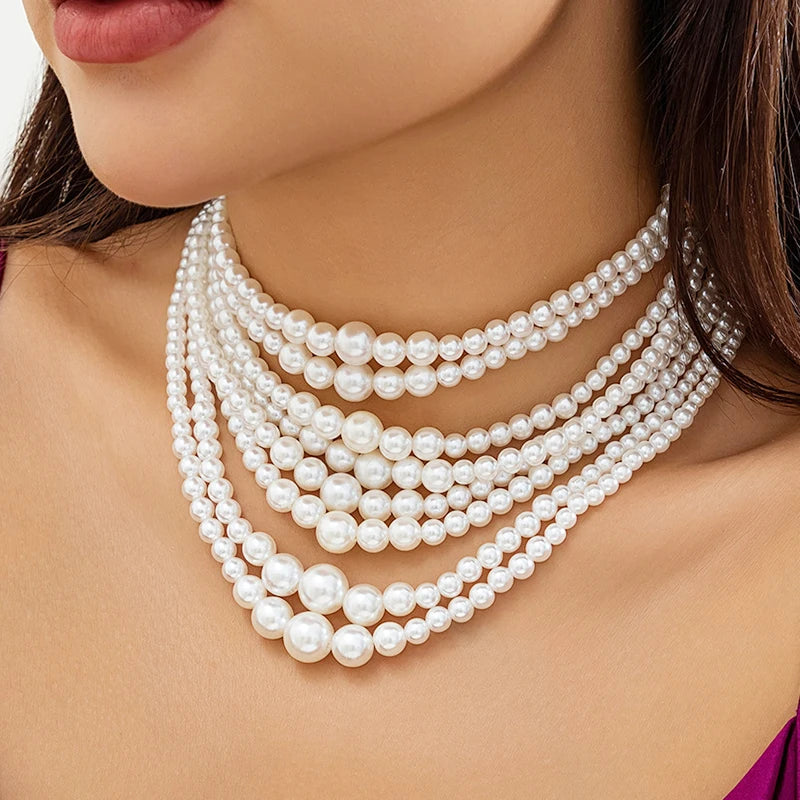 2024 Fashion Jewelry Multi-layer Simulated Pearl Women's Necklaces Baroque Small Beaded French Retro Collar Necklace Accessories