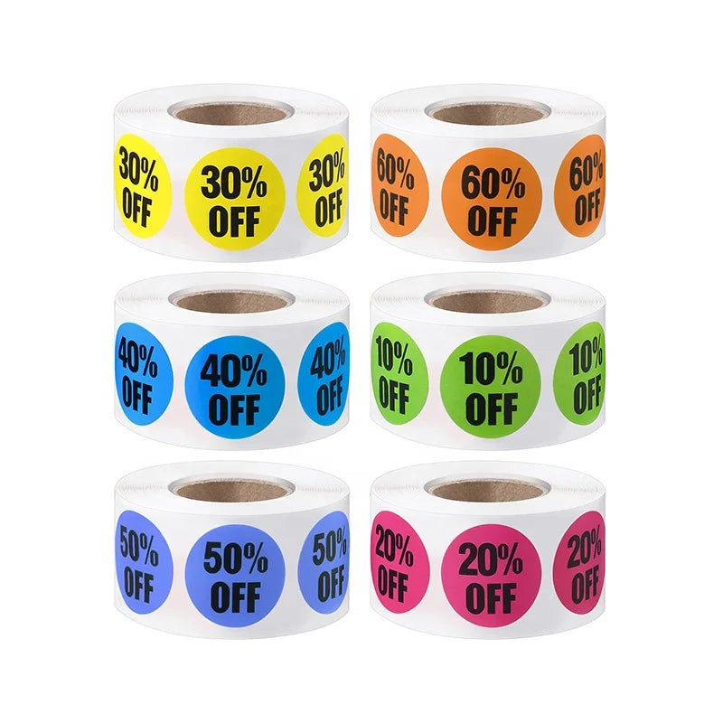 Custom Printed 25% 30% Discount Labels Market Product Price Discount Label Sticker for Clothing