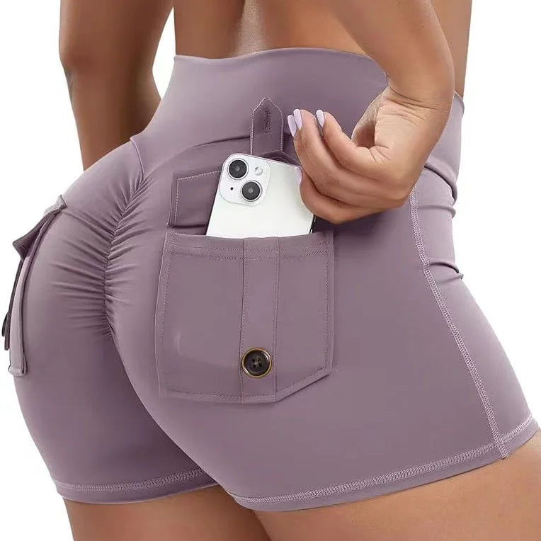 Women's XL High Waist Compression V Cut Scrunch Back Shorts Pockets Quick Dry Breathable Spandex Seamless Elastic Waist Closure