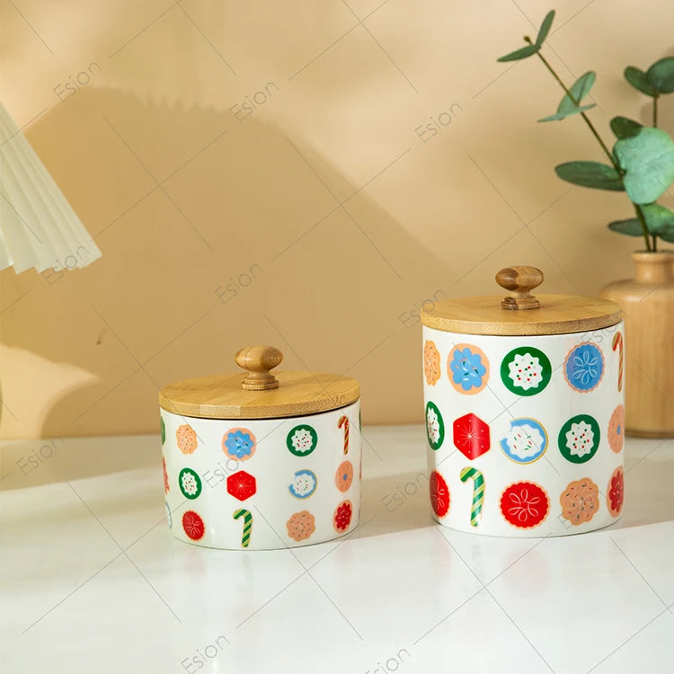 Ceramic Christmas Decorations Cookie Jar Airtight Tea Coffee Sugar Storage Jar Ceramic Coffee Canister With Bamboo Wood Lid