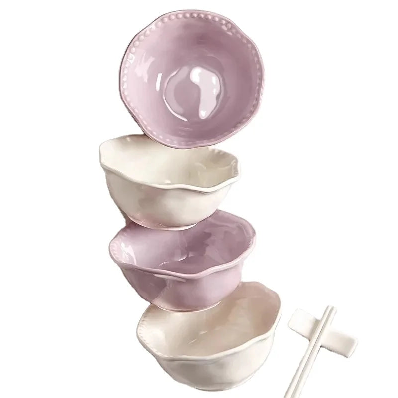 Custom Wholesale New Product Nordic Embossed Cute Ceramic Dinnerware Bowl Breakfast Dessert Bowl Household Rice Bowl