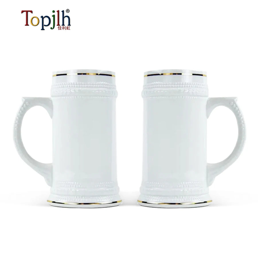 Topjlh 22oz Ceramic Beer Mug with Gold Rim Sublimation Blanks Porcelain White Ceramic Mugs Big Capacity Beer Mug Stein Stoneware