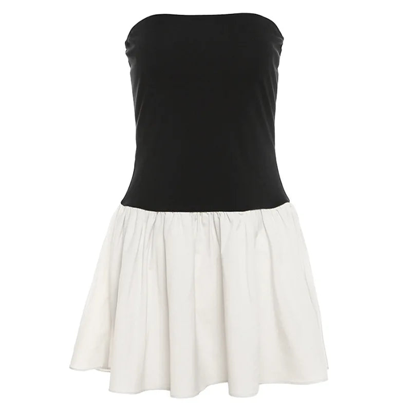 Women's Summer American Fashion Hottie Contrast Color Wrap Chest Short Skirt Leg Long Slim Dress