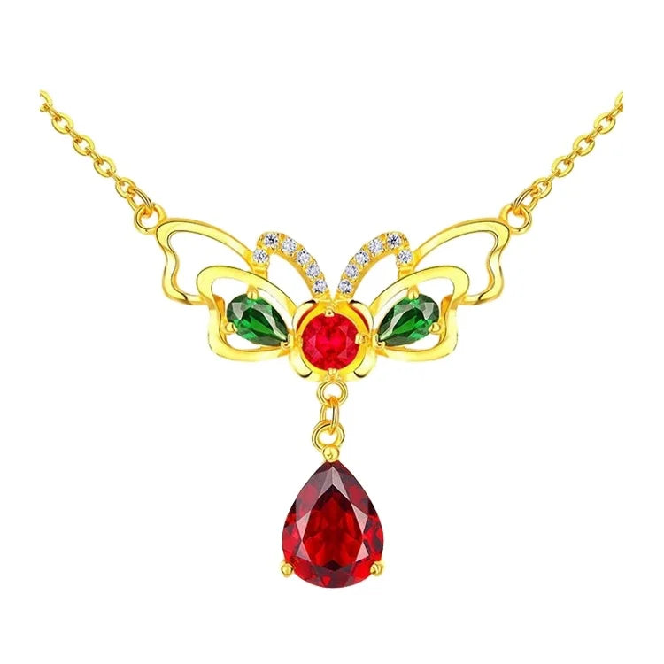 HD0256 24K Gold Plated Butterfly Necklace Women Fashion Inlaid Colored Gemstones Plated Garnet Sweater Chain Wedding Jewelry