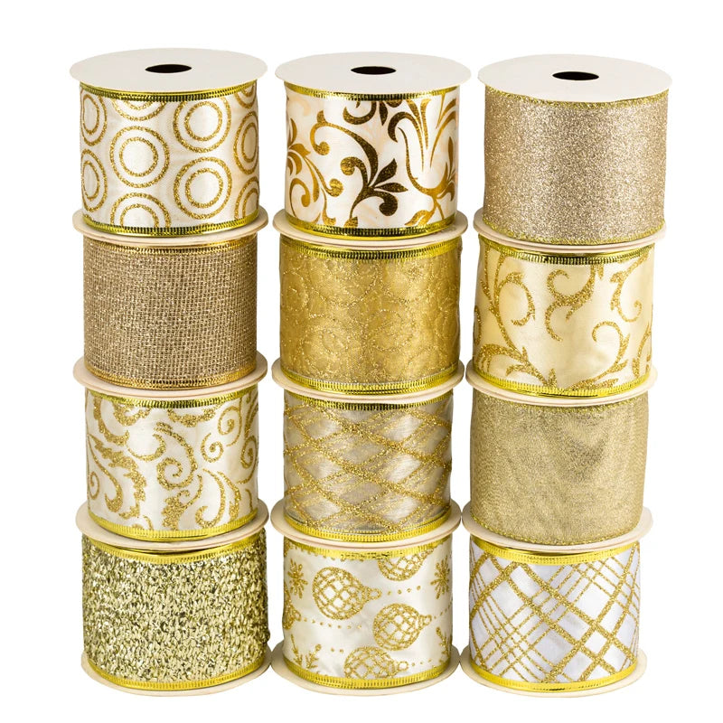Wholesale Gold Foil Printed Single Face Floral Ribbon Holiday Decoration Manufacturer's Wired Ribbon for Wreath Making