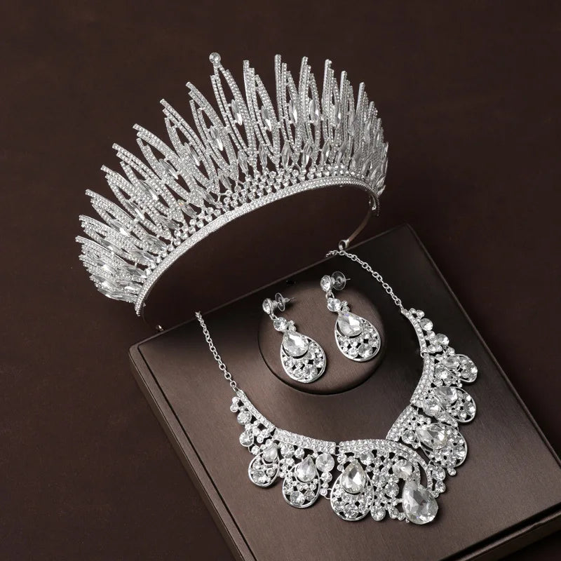 Elegant Bridal Crown Necklace Earrings 3pcs Set Rhinestones Bridal Crown Set Wedding Jewelry Set