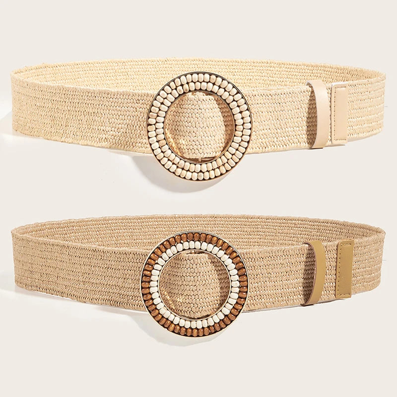 REWIN Bohemian Double Layer Beads Round Buckle Stretch Waist Band Braided Ladies Elastic Leather PP Straw Belts Woman