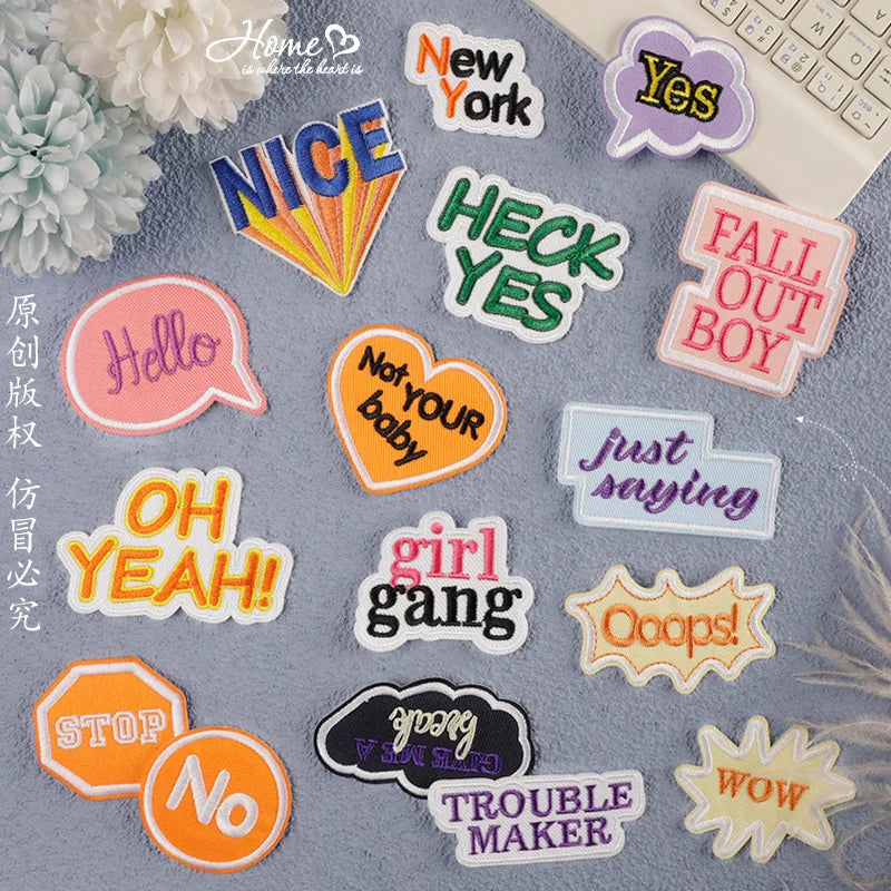 Iron on Embroidery Colorful Englise Words  Nice Yes Oops   Patch for Kids Clothes Hat Decoration Gift