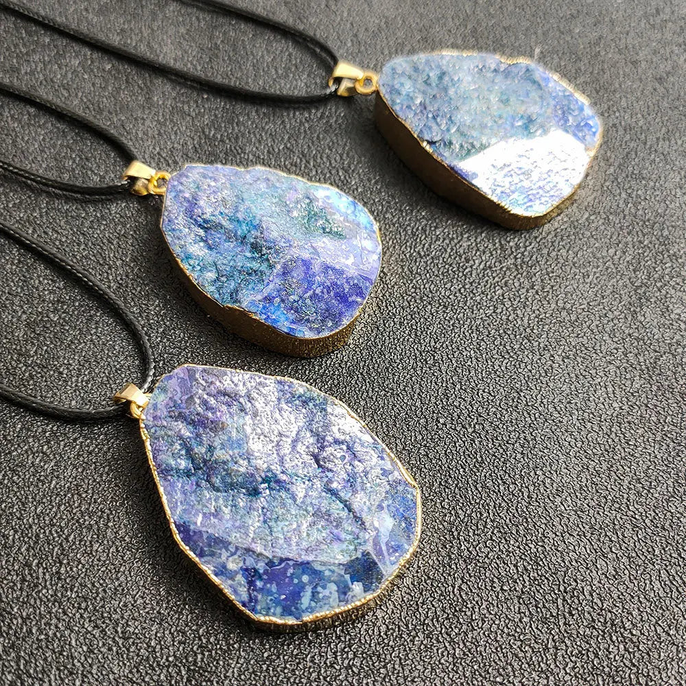 HZ Crafts Leather Chain Irregular Blue Stone Crystal Lapis Lazuli Natural Stone Gilded Edge Bead Necklace Jewelry