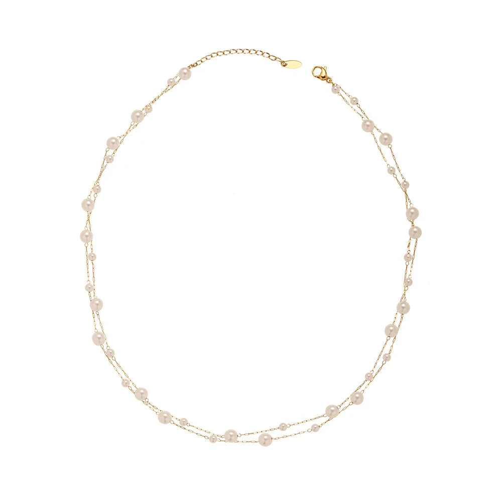 Joolim Jewelry 18K Gold Plated Imitation Pearl Dainty Chain Beads Double-layer Necklace Stainless Steel Jewelry Wholesale