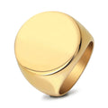 Stainless Steel Hip Hop Unisex 18k Gold Glossy Laser Logo Round Signet Ring with Custom Lettering