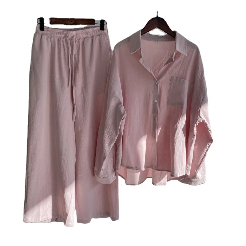 Fashion Womens Spring Long Pants Sets Cotton Linen Long Sleeves Outfit Causal Suit V Neck 2 Pieces Button Shirt Pant Set