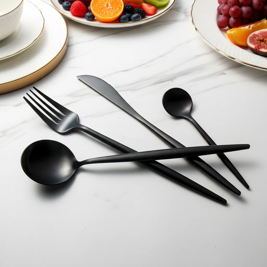 Hotel Portugal Wedding Cutlery Set Black Stainless Steel Flatware Silverware for Food and Coffee Spoon and Fork Set