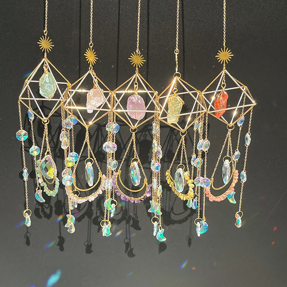 Colorful Crystals Prisms SunCatcher Hanging Wind Chime Style Garden Suncatcher Rainbow Maker Handmade Gold Plated Suncatcher