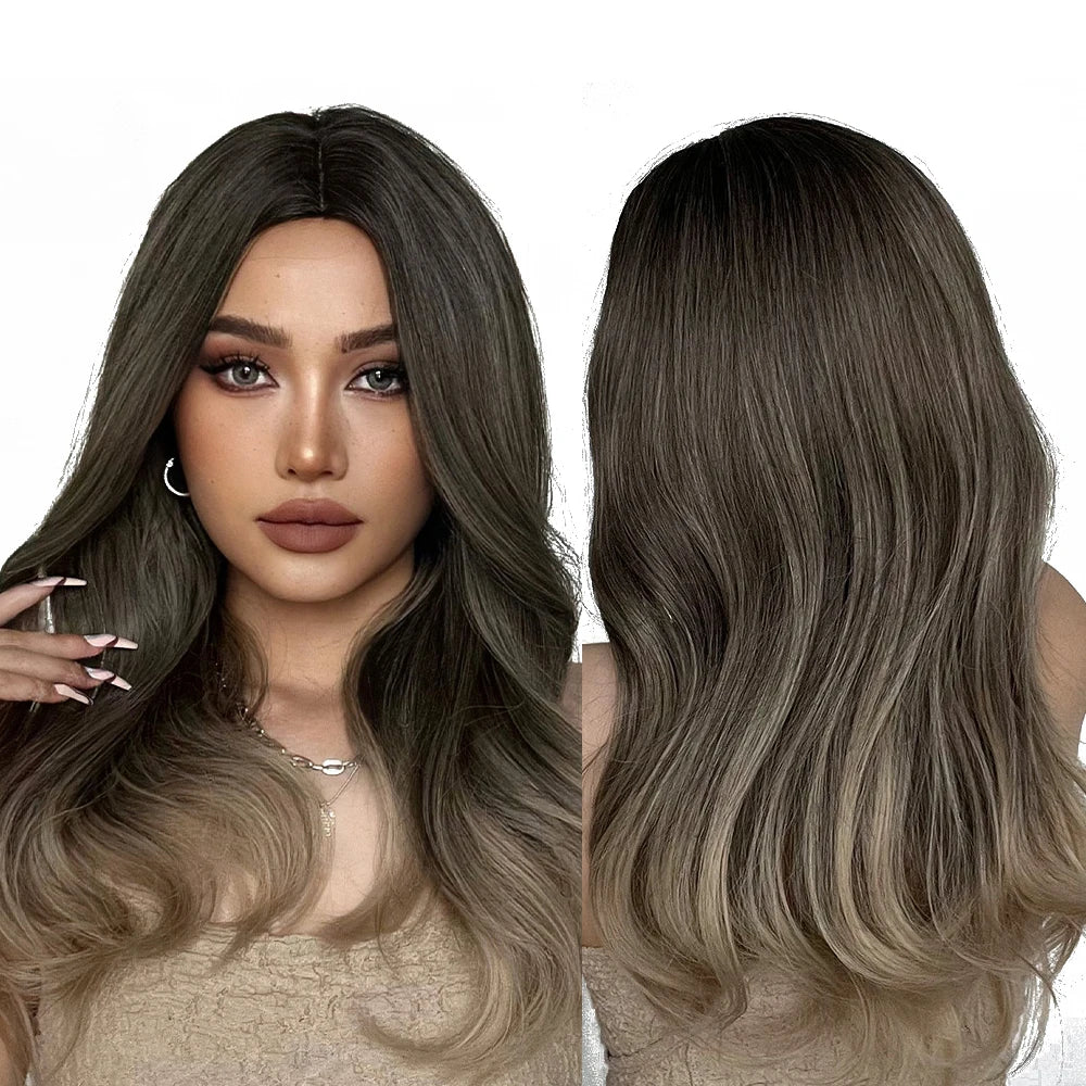 Factory inventory delivery Long Wavy Hair Wig Ombre Brown to Blonde Daily Natural Synthetic Wig for Women Heat Resistant Fiber