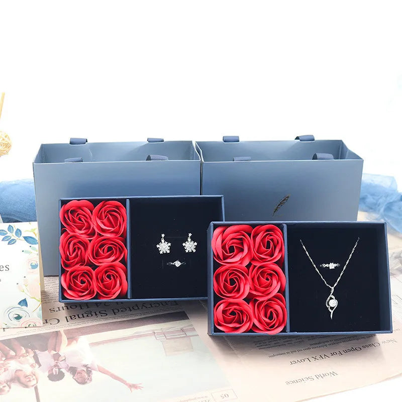 Custom Logo PVC Window Paper Box Packaging with Gift Bag Soap Rose Flower Jewelry Gift Box for Valentines Day