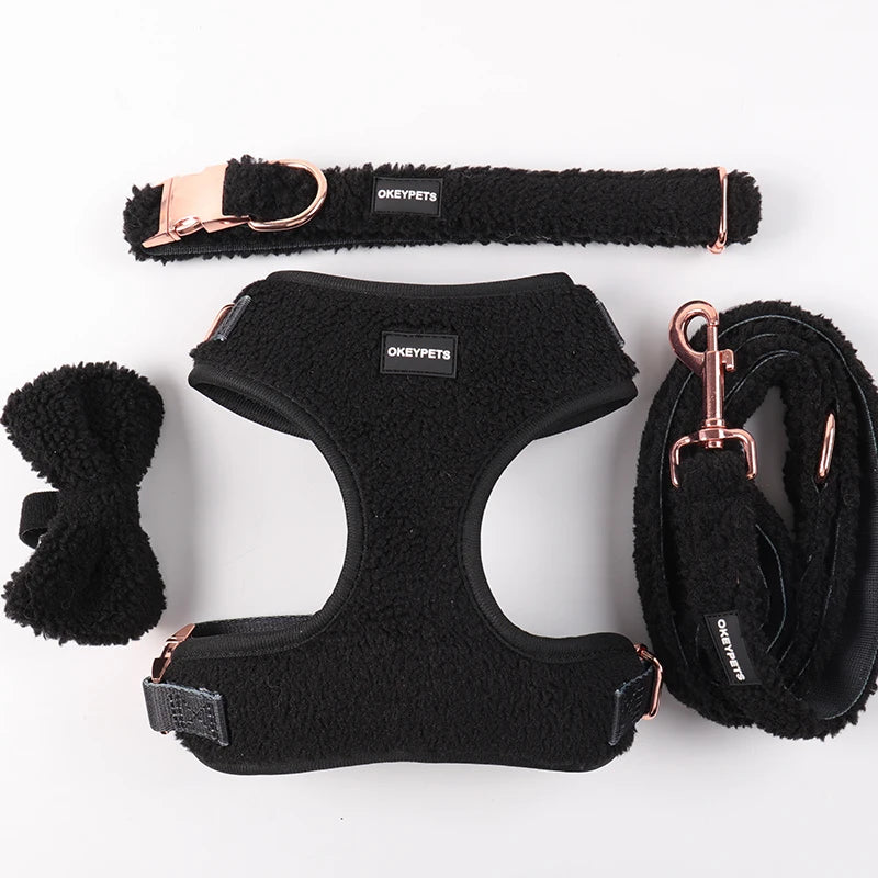 UK Style Custom Mesh Pet Coats Vest Warm Black Winter Sherpa Dog Harness Poop Bag Holder Leash Set
