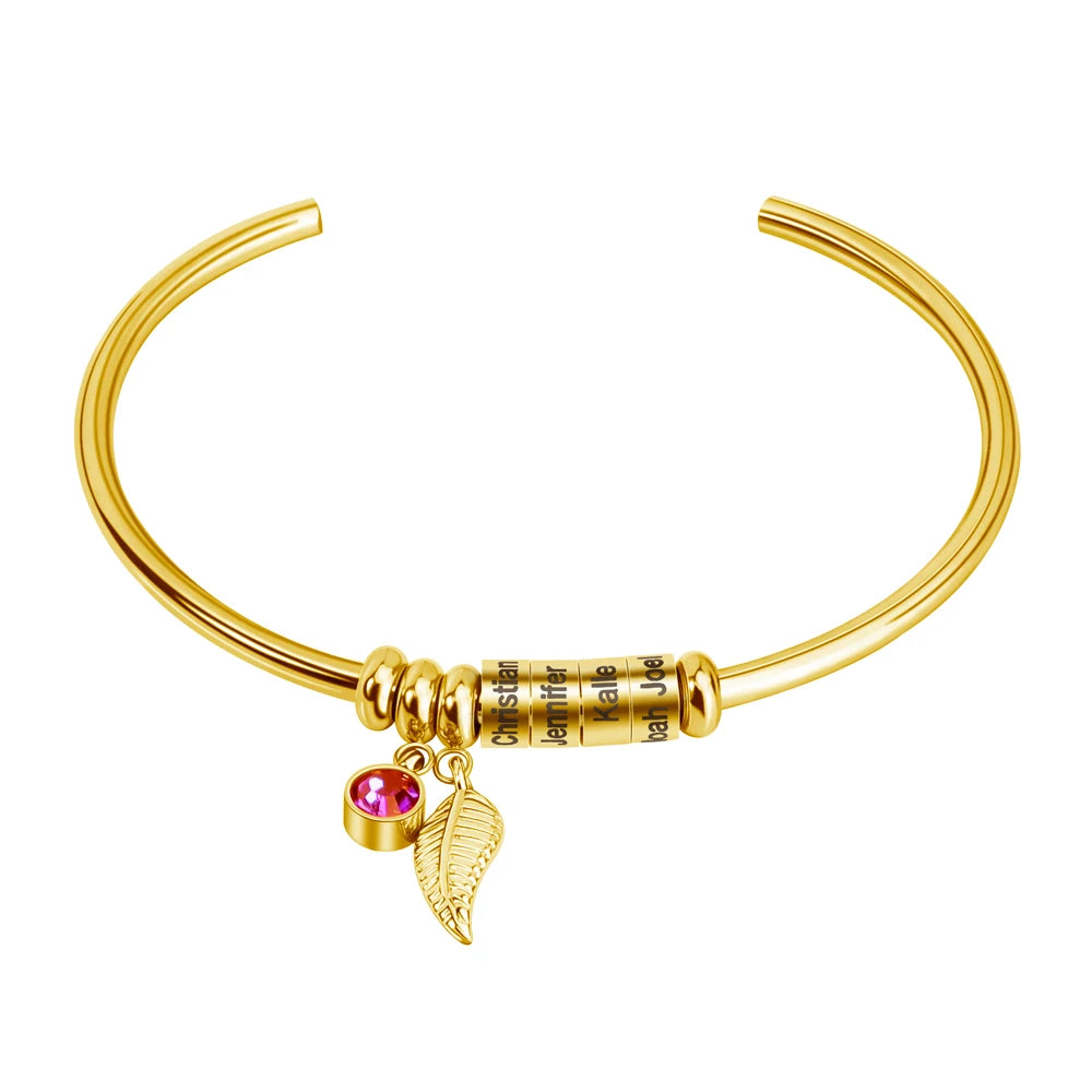 Customized Open Stainless Steel Birthstone Leaf Charms Name Beads Bracelet Bangles for Mother
