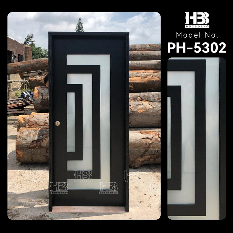 Traditional Style Front Door Skin Black Exterior with Glass Insert Solid Wooden Design Villas MDF Polymer Material