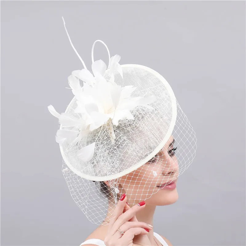 New Mesh Veil Sinamay Church Hat White Elegant Fascinators Tea Party Kentucky Derby Headband Wedding Hat