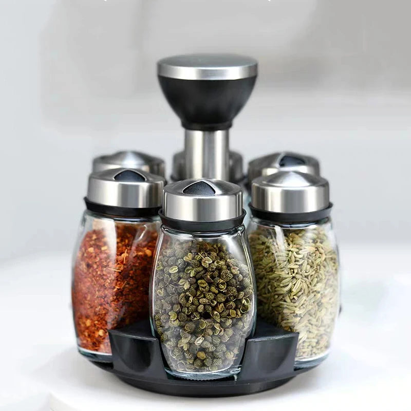 Rotating Glass Organizer Rack Kitchen Storage Rack Salt Shakers Holder Set Sugar Pepper Seasoning Bottles for Herb Spice Tools