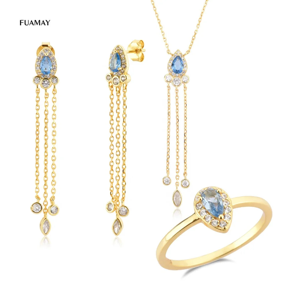 FUAMAY Zircon Engagement Freshwater Pearl Long Chain Necklace Earrings Rings Set Bohemia Style Silver Fashion Jewelry