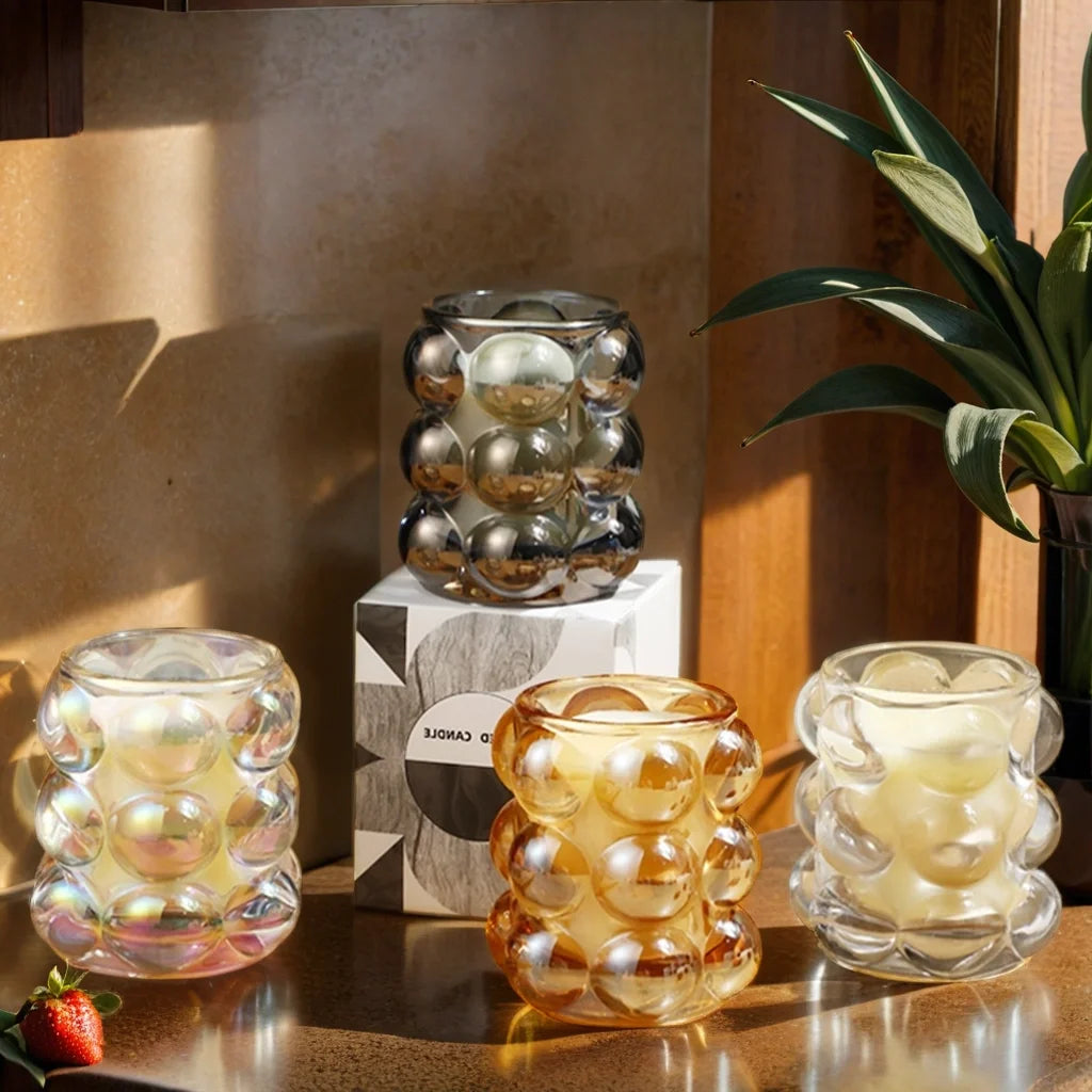 Mouth-blown Heat-resistant Empty Glass Bubble Cup Round Candle Jar with Round Raised Circles Core Birthday and Holiday Gifts