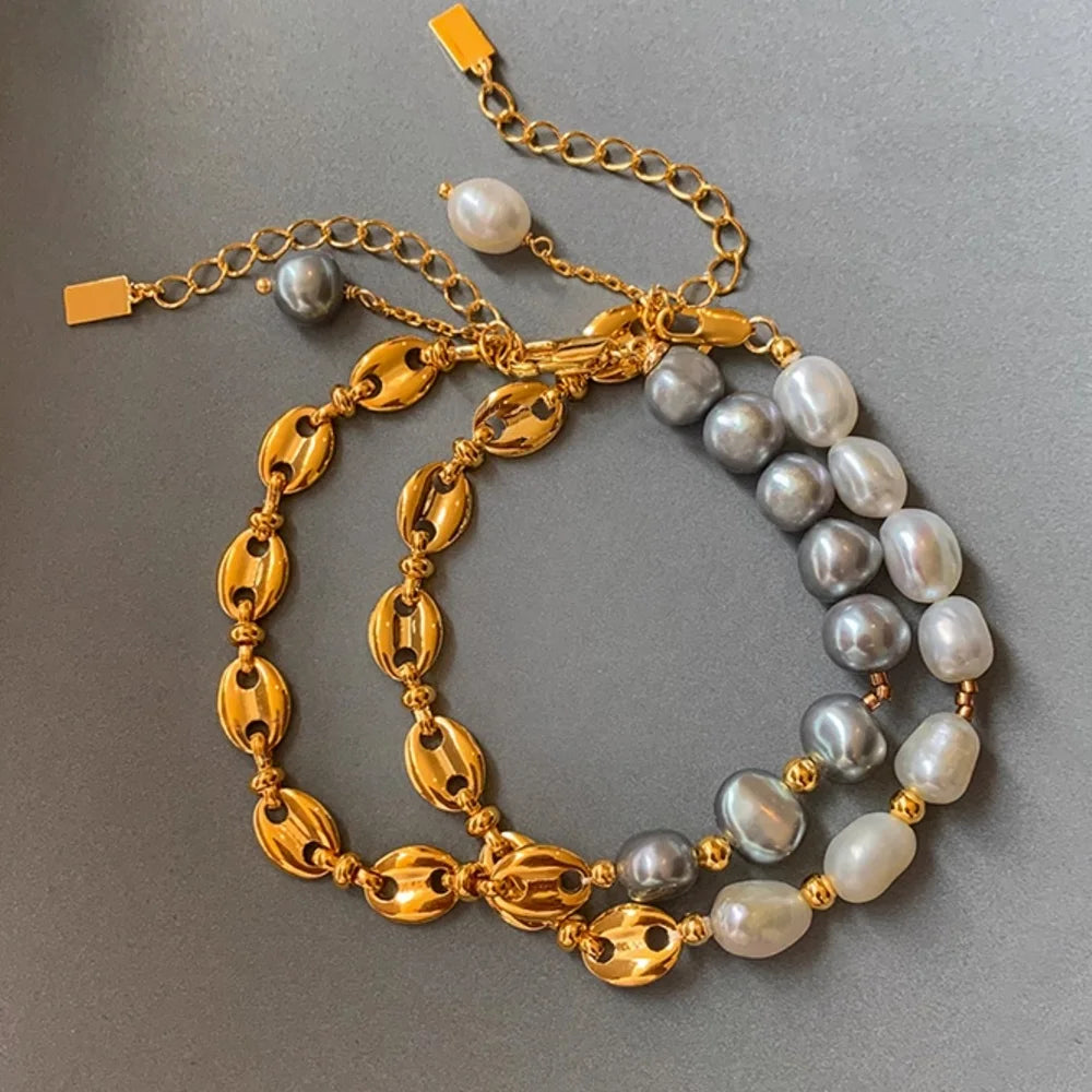 2024 New Exquisite Brass Electroplated 18k Gold Pig Nose Chain Natural Freshwater Pearl Bracelet for Women Jewelry Gift