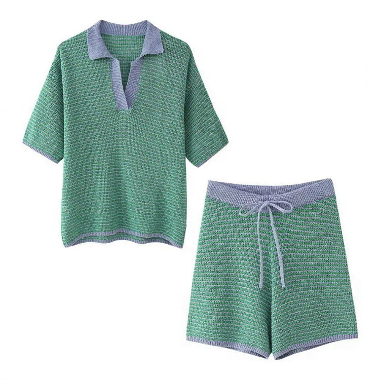 Drawstring Shorts Custom logo Short Sleeved Lapel Top Wholesale Women Knitted Suit Factory Directly