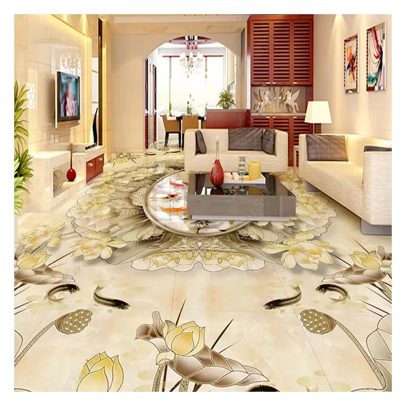 3d Flooring Design House Decoration Marble Texture Lotus Fish Picture Floor Stickers