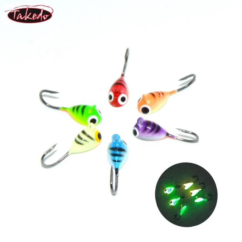 TAKEDO Weihai 6pcs Per Set SP08 20mm 1.7g Luminous Winter Mini Lead Jig Fishing Jig Head Hook  Ice Lure Ice Fishing Jigs