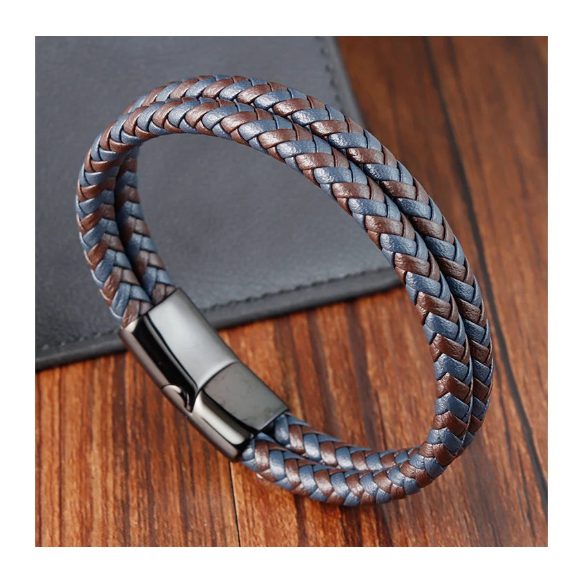 Premium Braided Leather Wristband Stainless Steel Magnetic Clasp Engraving Adjustable Custom Genuine Mens Leather Bracelets