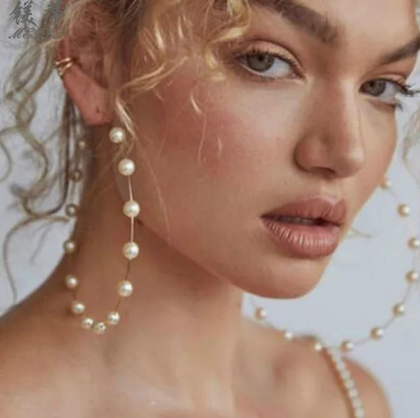 New Gold Plated Vintage Earrings Big Hoop Earrings Small Pearl Beaded Pearl Earrings for Girls Women