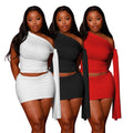 Women's Summer Casual Oblique Shoulder Sleeveless Top and Short Skirt Set Knitting Fabric Solid Pattern Collarless