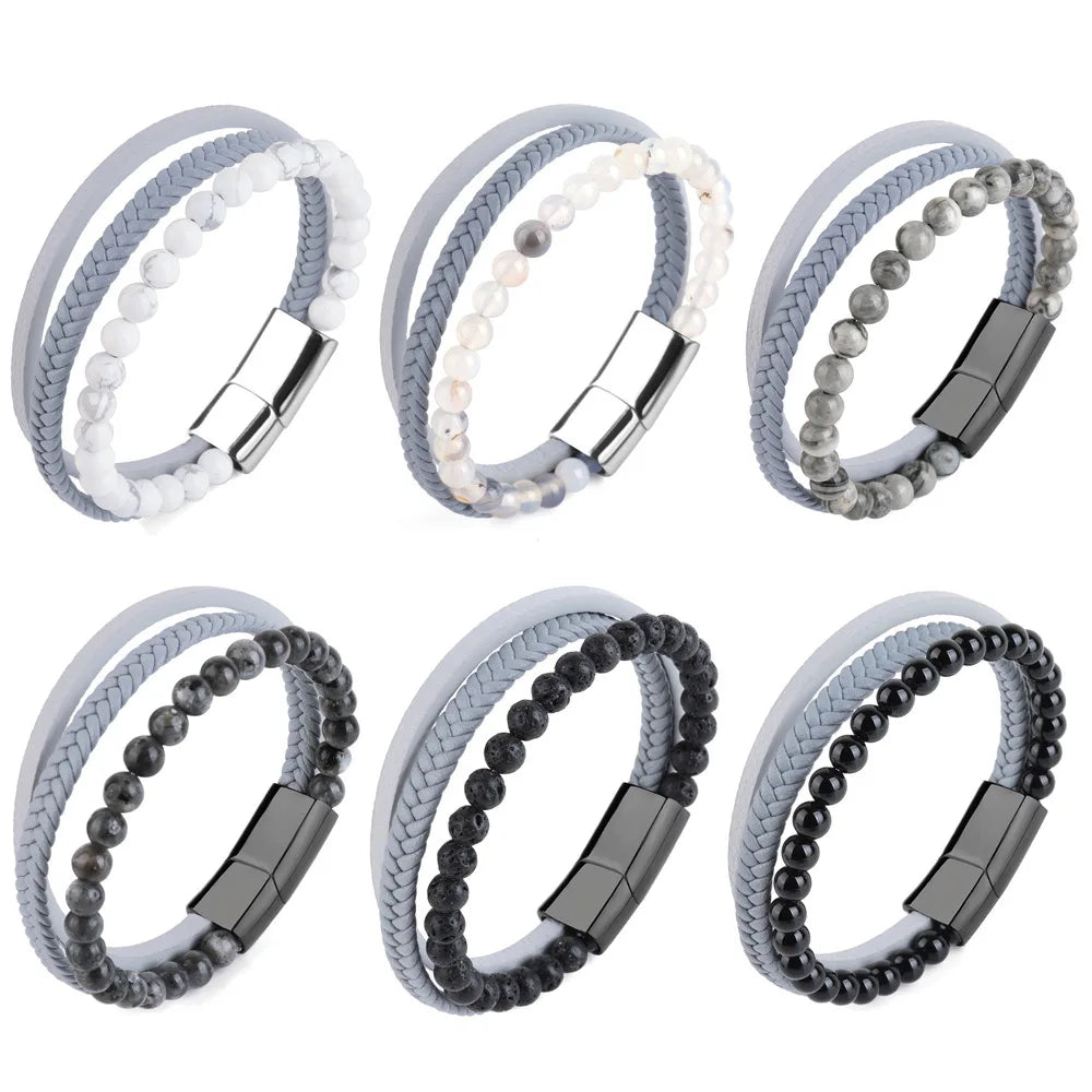 Men's Grey Leather Fashion Beaded Bracelet