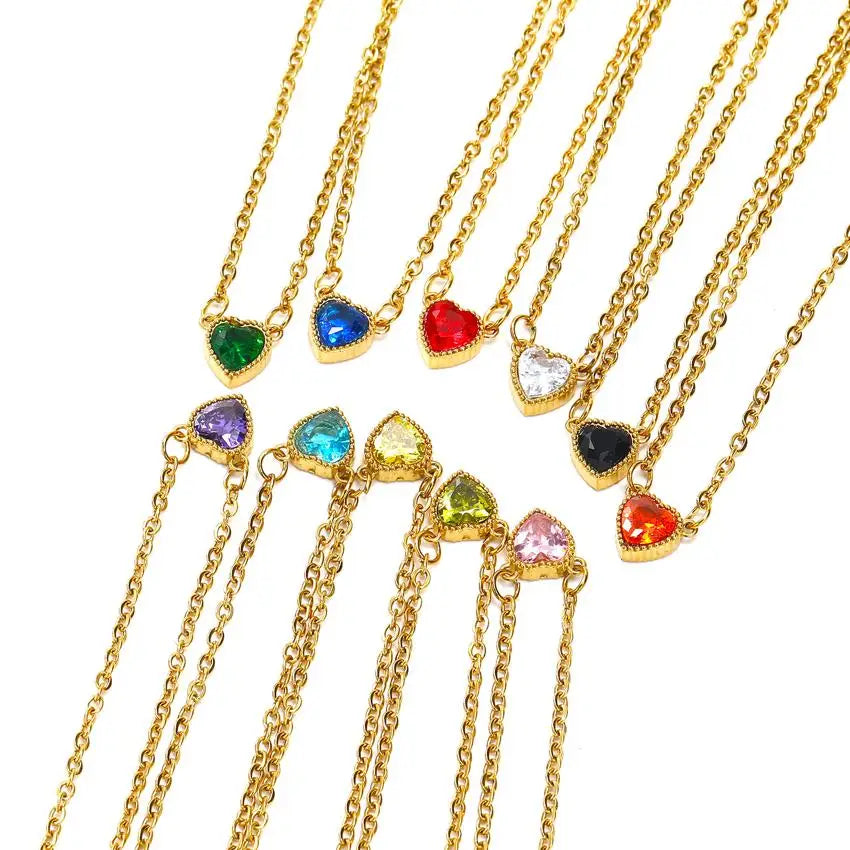 Hot Selling Customized Fashion Birthstone Heart Pendant Trendy Gold Plated Stainless Steel Link Chain Zircon Pendant Necklace