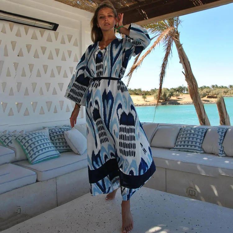 Kaftan Vacation Robe Rayon Dresses Retro Print Beach Cover ups