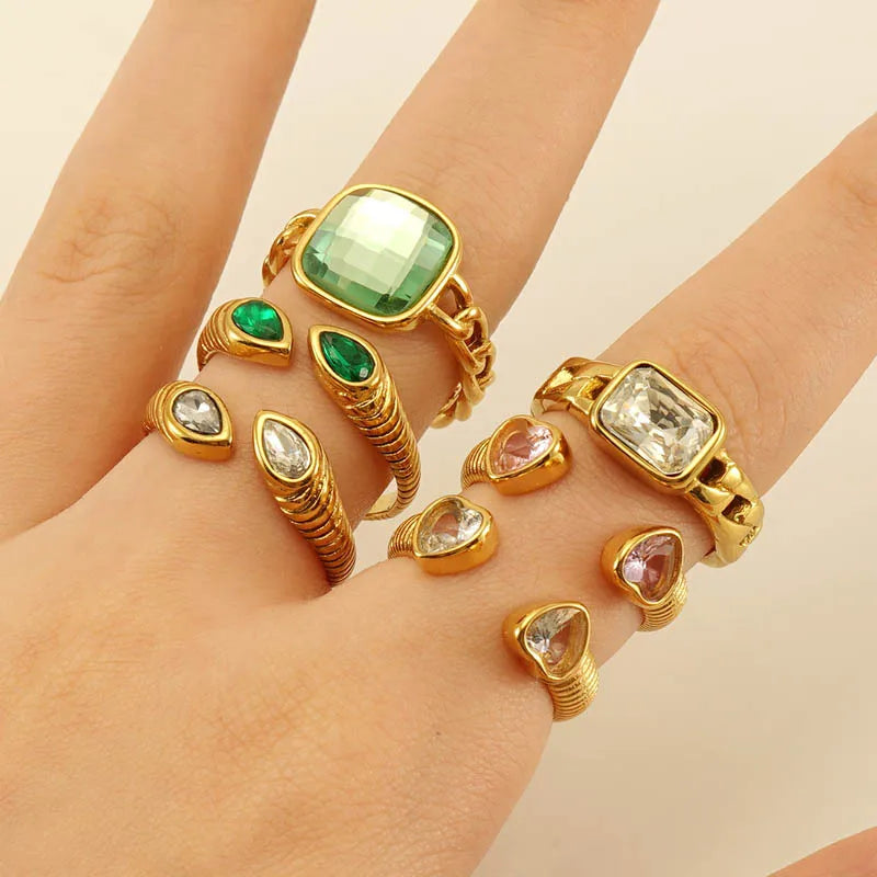Wholesale Women's Ring Jewelry Stainless Steel Waterproof Colored Diamond Ring 18k Gold Plated Geometric square Gemstone Ring