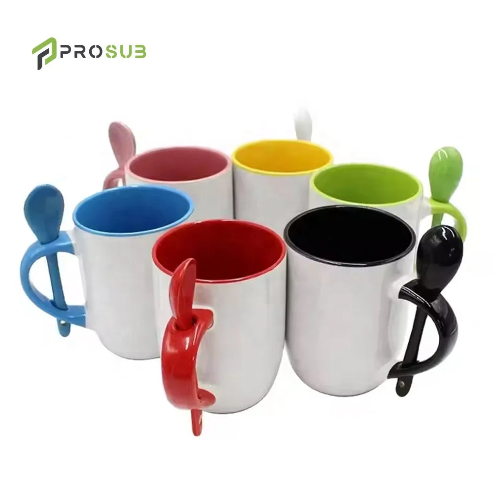 Prosub Wholesale 11oz Color Mug Sublimation Blank Custom Printing Mugs Sublimation Ceramic Coffee Cups With Spoons