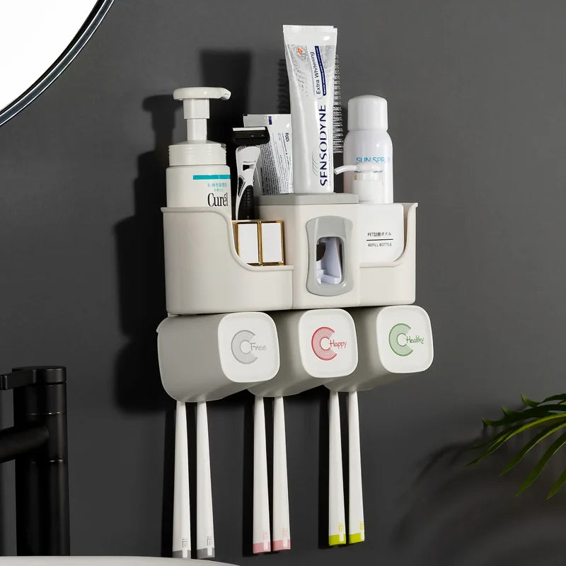 3 Cups Free Punching Toothpaste Squeezer and Cup Rack with Toothbrush Holder Corner Bathroom Rack