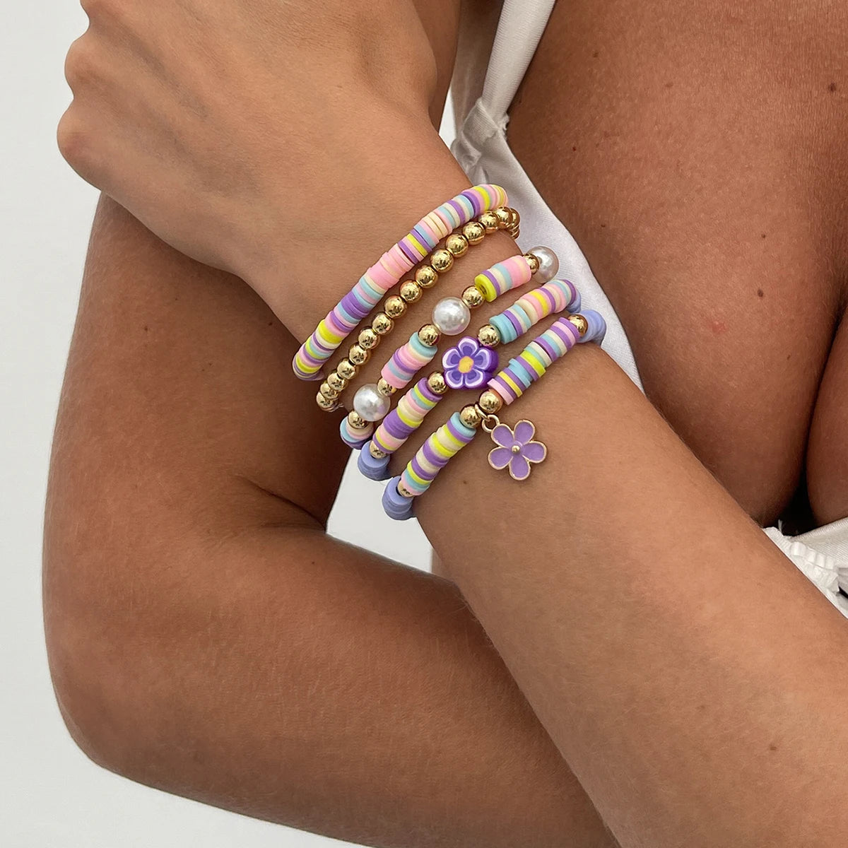 Bohemian Colorful Polymer Clay CCB Beads Frangipani Flower Bracelet Set for Women Fashion Ladies Summer Wear Accessories Jewelry