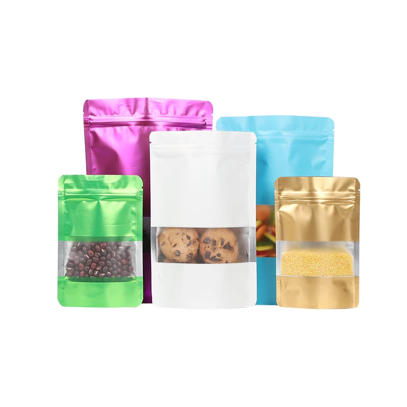 In Stock and Custom Resealable Plastic Zipper Colorful Pouch Stand up Food Packaging With Clear Window