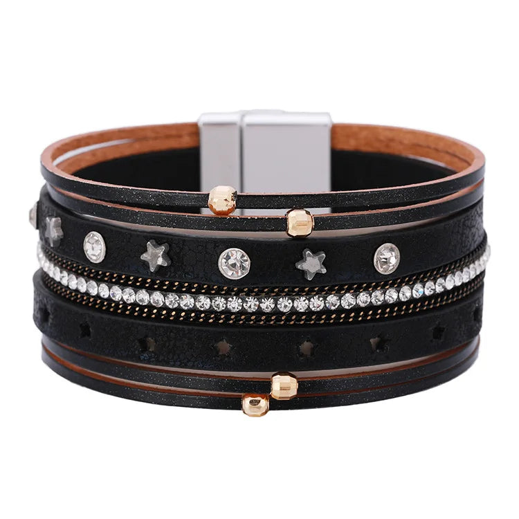 DHJ00212 Fashion Multi Layer Leather Bracelet Women Star Bracelet Magnetic Buckle PU Leather Bracelet
