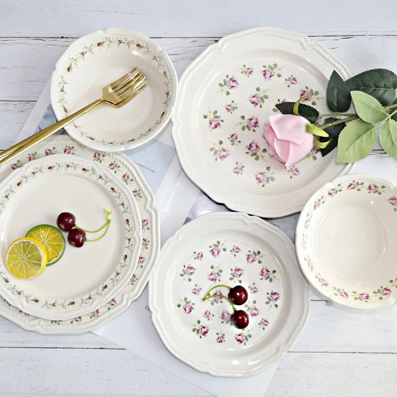 French Vintage Applique Embossed Salad Bowl Ceramic Plates Tableware Set Plate Dish Dinnerware