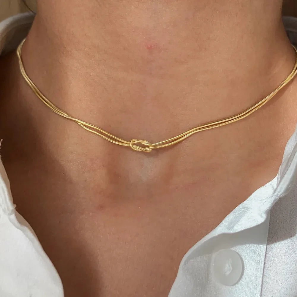 EManco Minimalist Jewelry Stainless Steel Waterproof and Tarnish Free Double-Layer Round Snake Bone Chain Knot Necklace