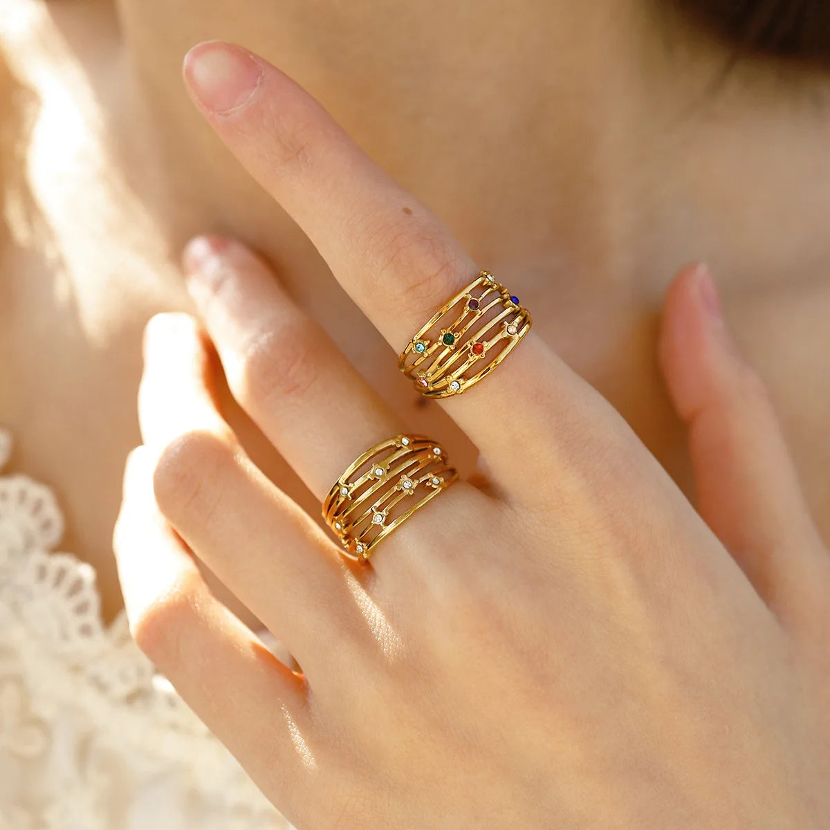 French Style Summer New Color Zirconia Non Multi-layer Design Stainless Steel Open Ring for Women