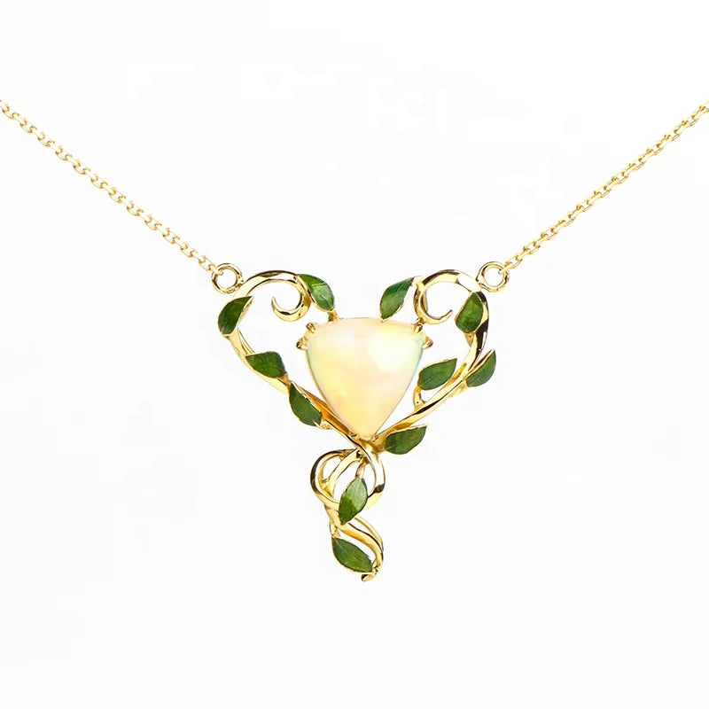 Fine Jewelry 18K Gold Plated Solid 925 Sterling Silver Ocean Plant Leaf Enamel Australian White Opal Pendant Necklace for Women